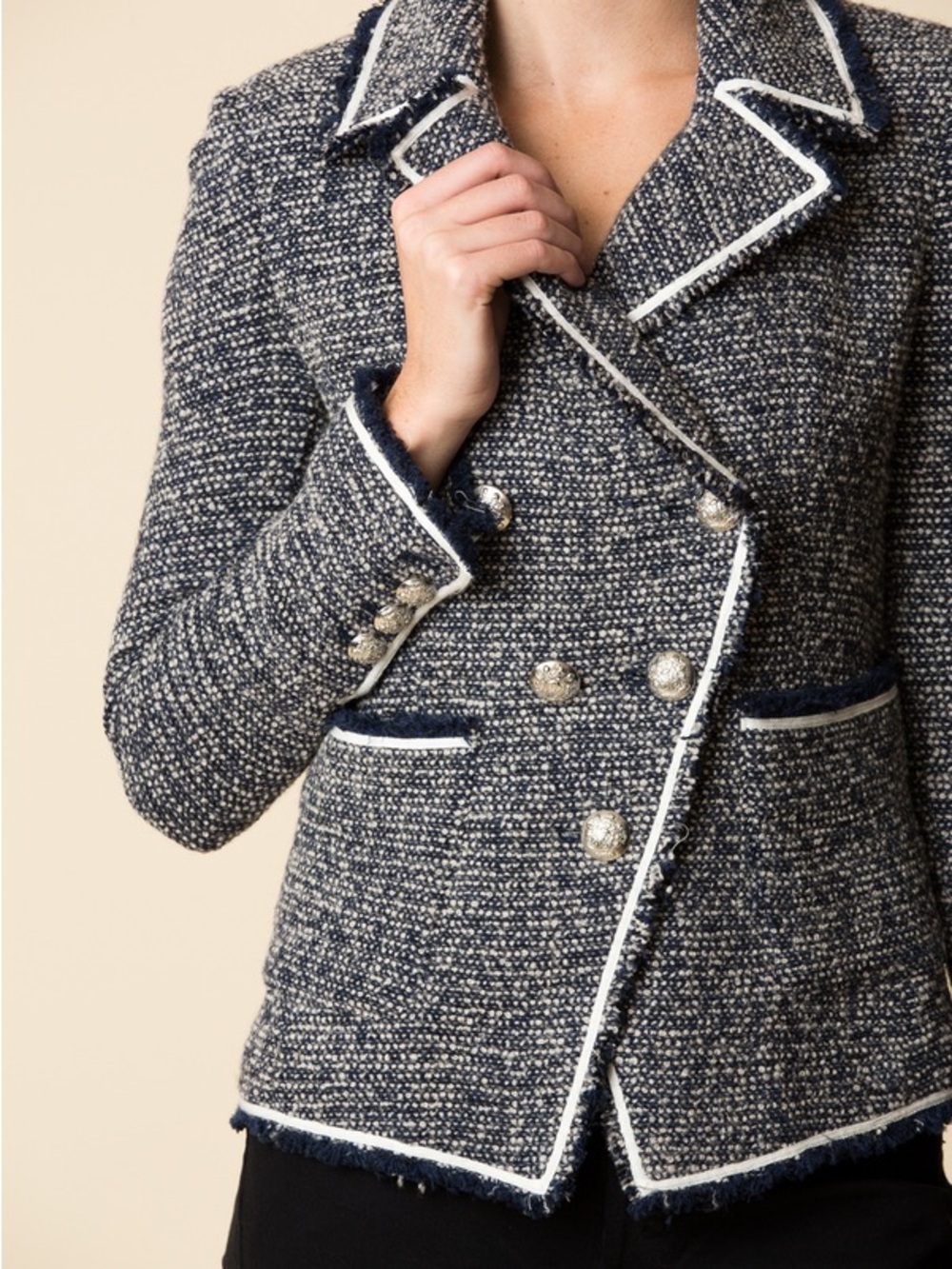 Veronica Beard Theron Tweed Double-Breasted Blazer Jacket Navy White Size 6 - Picture 9 of 15